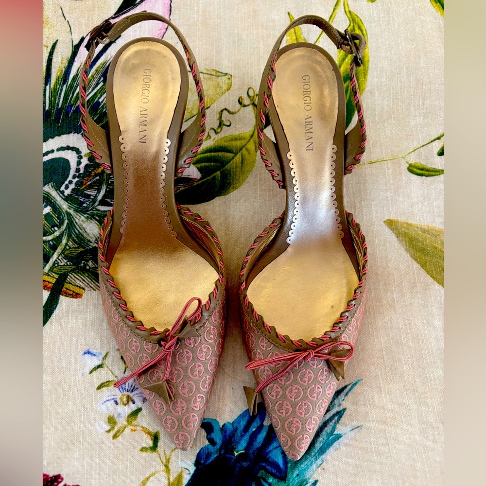 Vintage Giorgio Armani pink monogram logo bow slingback